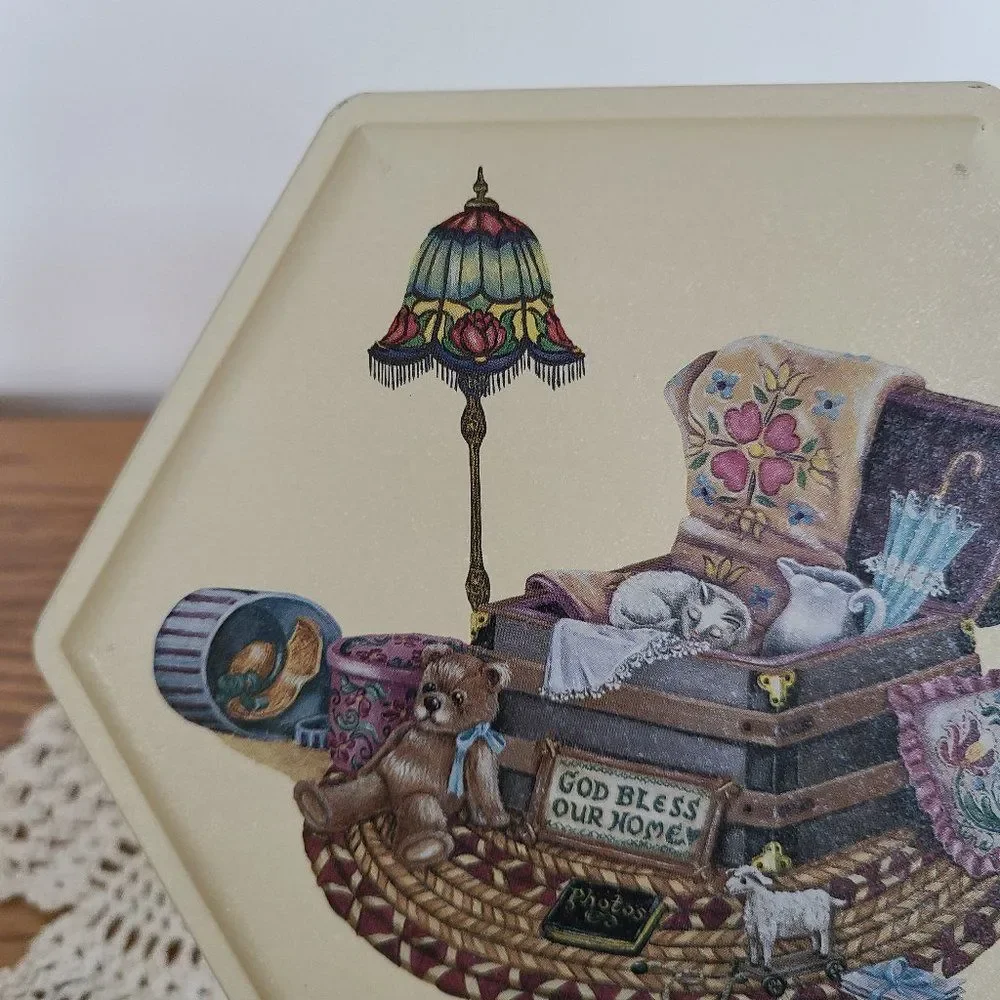 Vintage Tin God Bless Our Home Teddy Bear Cat Trunk Victorian Elements Cute!